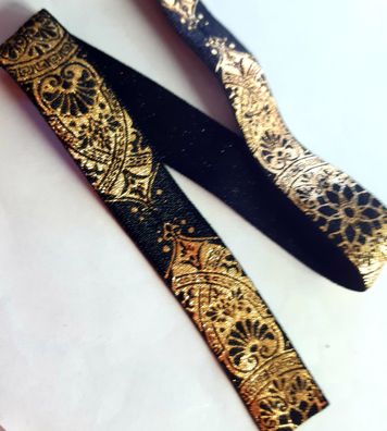 1m x 15mm Falzgummi Einfassband elastisch Satinglanz Schwarz mit Gold Prunk Lotus