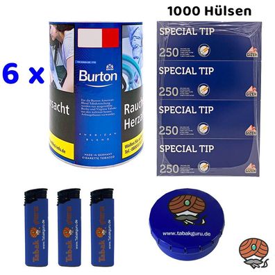Burton Blue/Blau Feinschnitt Tabak Dose 6x 120g, 1000 Gizeh Hülsen, Zubehör