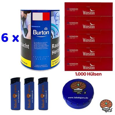 Burton Blue/Blau Feinschnitt Tabak Dose 6x 120g, Winston Hülsen, Zubehör