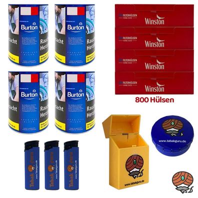 Burton Blue/Blau Feinschnitt Tabak Dose 4x 120g, Winston Hülsen, viel Zubehör