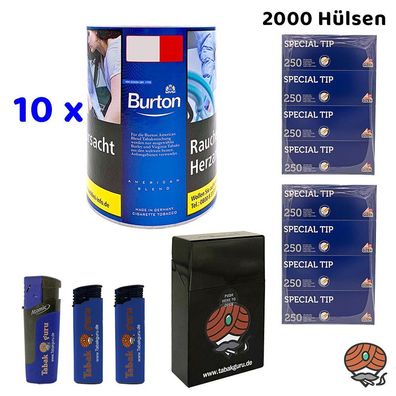 Burton Blue/Blau Feinschnitt Tabak Dose 10x 120g, Gizeh Hülsen, Zubehör