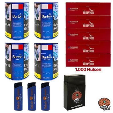 Burton Blue/Blau Feinschnitt Tabak Dose 4x 120g, Winston Hülsen, Zubehör