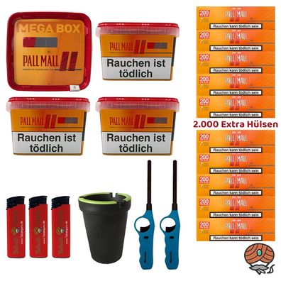 Pall Mall Mega Box Volumentabak 4x 125g, 2000 Xtra Hülsen, Feuerzeuge u.v.m
