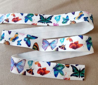 1m x 15mm Falzgummi Einfassband elastisch Satinglanz Weiß Schmetterlinge bunt