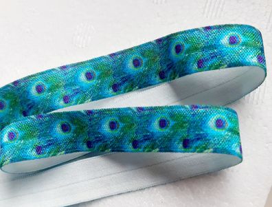 1m x 15mm Falzgummi Einfassband elastisch Satinglanz Pfau Feder Print Türkis