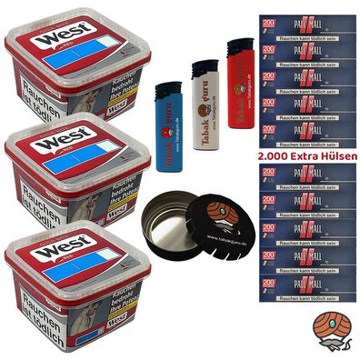 West Tabak/Volumentabak Giga Box 3x 160g, Xtra Hülsen, Aschenbecher