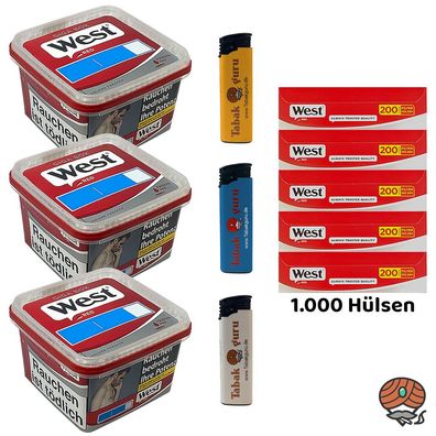 West Red Tabak/Volumentabak Giga Box 3x 160g, West Rot Hülsen, Feuerzeuge