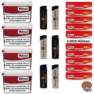WEST Red Volumentabak Mega Box 4x 115g, 2000 West Hülsen, Feuerzeuge