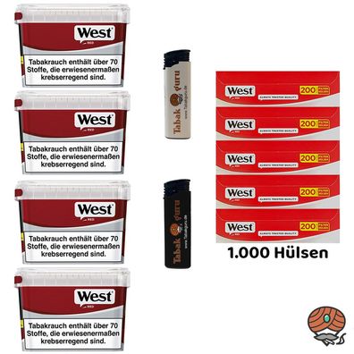 WEST Red Volumentabak Mega Box 4x 115g, 1000 West Hülsen, Feuerzeuge