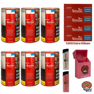 Burton Red Volumentabak XXL Dose 6x 90g, Winston Extra Hülsen, Feuerzeuge, Box