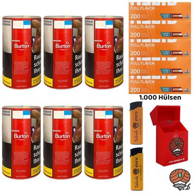 Burton Red Volumentabak XXL Dose 6x 90g, Gizeh Full Flavor Hülsen, Feuerzeuge