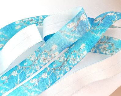 1m x 15mm Falzgummi Einfassband elastisch Satinglanz Aquablau Kirschblüte Print