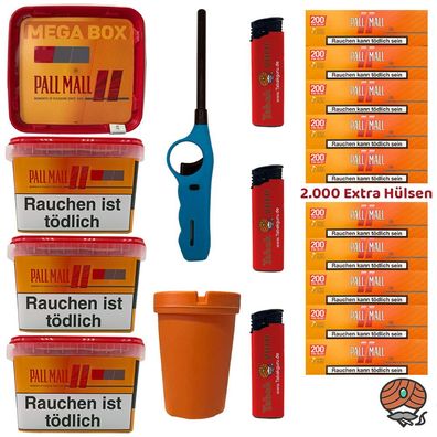 Pall Mall Allround Volumentabak Mega Box 4x 145g, 2000 Xtra Hülsen, Zubehör