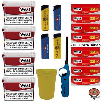 West Red Volumentabak Box 4x 115g, 2000 West Extra Hülsen + Zubehör
