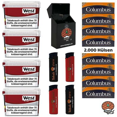 West Red Volumentabak Mega Box 4x 115g, Columbus Hülsen, Feuerzeuge, Box