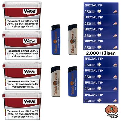 West Volumentabak Box 4x 110g, 2000 Gizeh Special Tip Hülsen, Zubehör