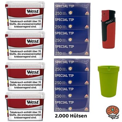 WEST Red Volumentabak Mega Box 4x 115g, 2000 Gizeh Special Tip Hülsen, Zubehör