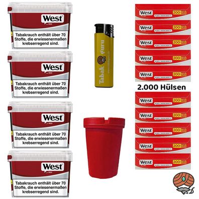 WEST Red Volumentabak Mega Box 4x 115g, 2000 Hülsen, Autoascher, Feuerzeug