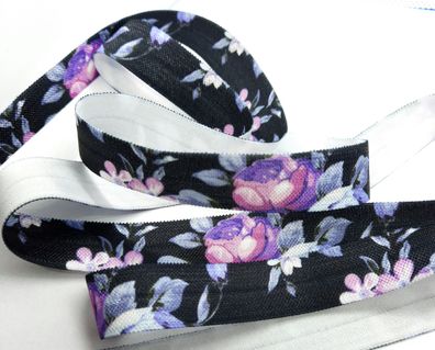 1m x 15mm Falzgummi Einfassband elastisch Satinglanz Schwarz Pfingstrosen Lila Silber