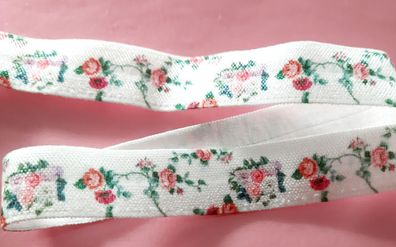 1m x 15mm Falzgummi Einfassband elastisch Satinglanz Weiß Teerosen Print