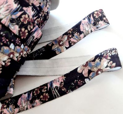 1m x 15mm Falzgummi Einfassband elastisch Satinglanz Aubergine Rosa Blumen Print