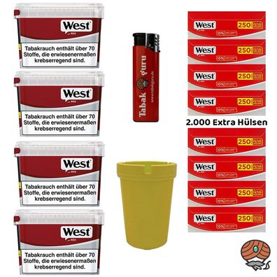 WEST Red Volumentabak Mega Box 4x 115g, 2000 Extra Hülsen, Ascher, Feuerzeug