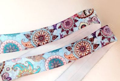 1m x 15mm Falzgummi Einfassband elastisch Satinglanz Hellblau Paisley Print