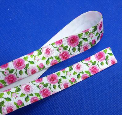 1m x 15mm Falzgummi Einfassband elastisch Satinglanz Weiß Rosen Pink Print