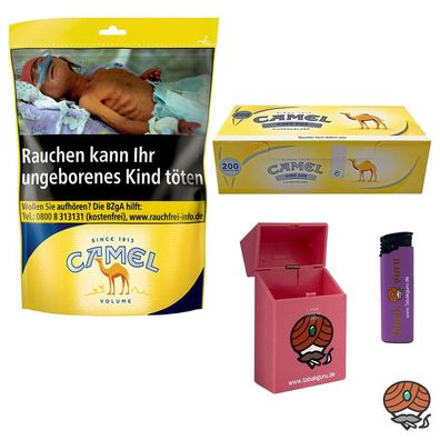 Camel Volumentabak Beutel 96g + 200 Camel Hülsen + Feuerzeug + Box