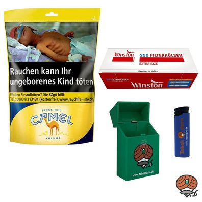 Camel Volumentabak Beutel 96g + 250 Winston Extra Hülsen + Feuerzeug + Box