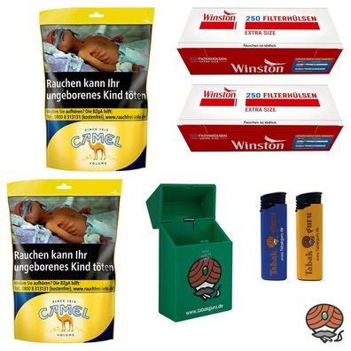 Camel Volumentabak Beutel 2x 96g + Winston Extra Hülsen + Feuerzeuge + Box