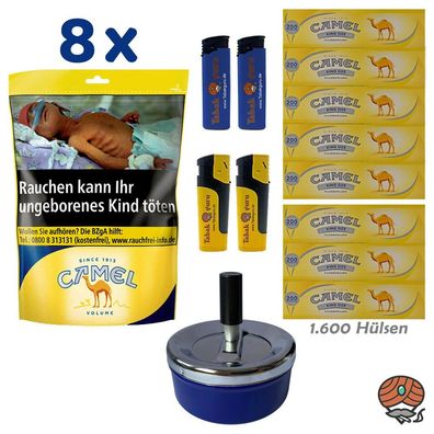 Camel Volumentabak Beutel 8x 96g + 1600 Hülsen + Drehascher + Feuerzeuge