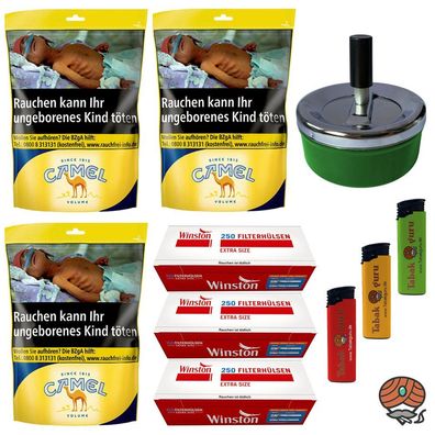Camel Volumentabak Beutel 3x 96g + 750 Winston Extra Hülsen + Drehascher
