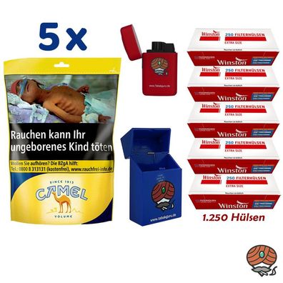 Camel Volumentabak Beutel 5x 96g + Winston Extra Hülsen + Sturmfeuerzeug