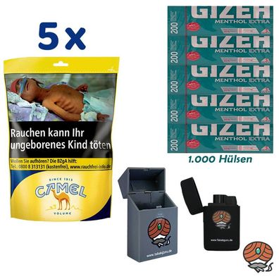 Camel Volumentabak Beutel 5x 96g, Gizeh Mentol Extra Hülsen, Sturmfeuerzeug