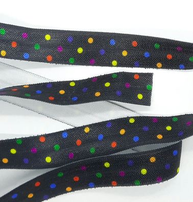 1m x 15mm Falzgummi Einfassband elastisch Satinglanz Schwarz mit Regenbogen Tupfen