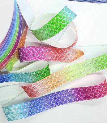 1m x 15mm Falzgummi Einfassband elastisch Satinglanz Meerjungfrau Regenbogen Netz