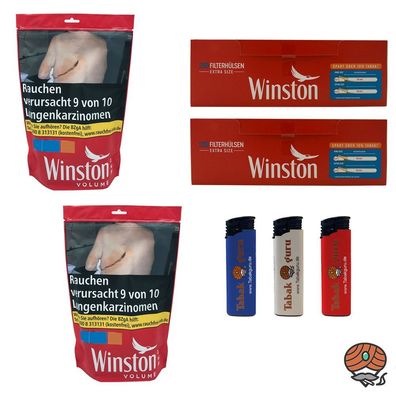 Winston Red/Rot Tabak Beutel 2x 105g + 500 Winston Extra Hülsen + 3 Feuerzeuge