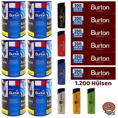Burton Blue/Blau Feinschnitt Tabak Dose 6x 120g, 1200 Hülsen, Feuerzeuge