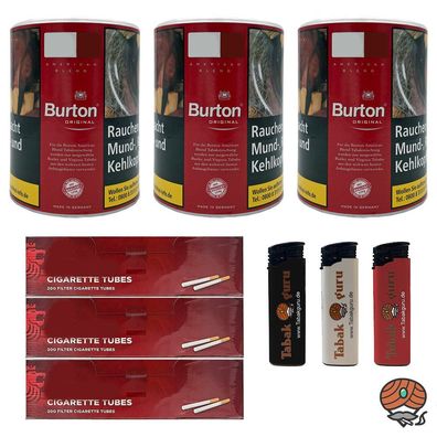Burton Original Feinschnitt Tabak Dose 3x 120g, 600 Hülsen, Feuerzeuge
