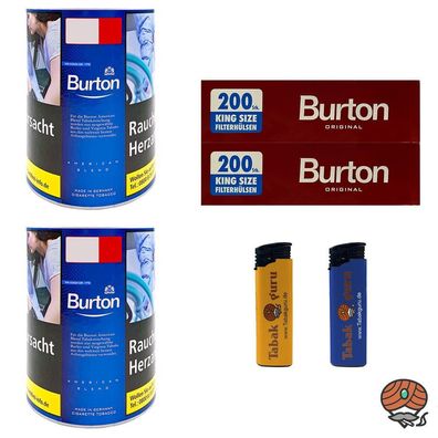 Burton Blue/Blau Feinschnitt Tabak Dose 2x 120g, 400 Hülsen, Feuerzeuge
