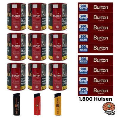 Burton Original Feinschnitt Tabak Dose 9x 120g, 1800 Hülsen, Feuerzeuge