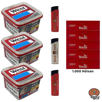 West Red Tabak/Volumentabak Giga Box 3x 160g, 1000 Winston Hülsen, Feuerzeuge