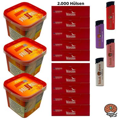 Pall Mall Allround Volumentabak Maxi Box 3x 263g, 2000 Winston Hülsen Feuerzeuge