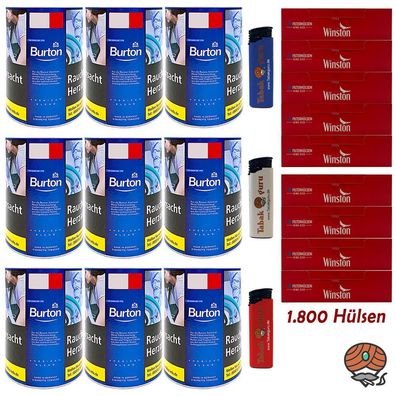 Burton Blue/Blau Feinschnitt Tabak Dose 9x 120g, Winston Hülsen, Feuerzeuge