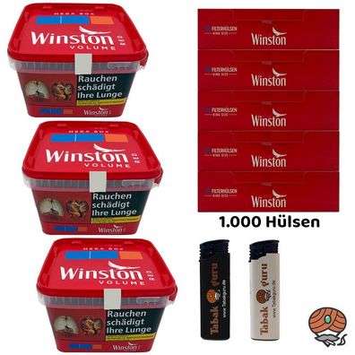 Winston Red/Rot Volumentabak Mega Box 3x 125g, Winston Hülsen, Feuerzeug