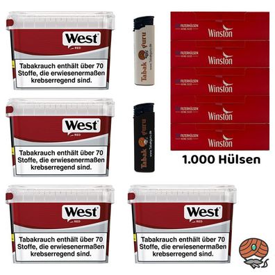 WEST Red Volumentabak Mega Box 4x 115g, 1000 Winston Hülsen, Feuerzeuge