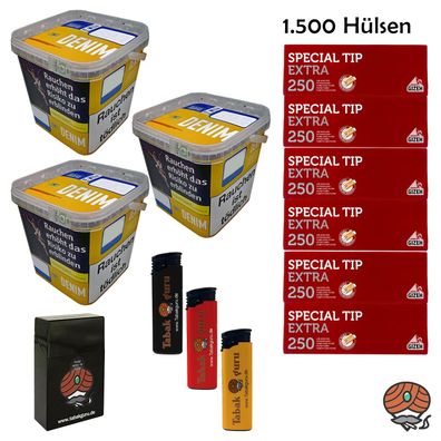 Denim Volumentabak Mega Box 3x 210g Eimer, 1500 Gizeh Extra Hülsen, Zubehör