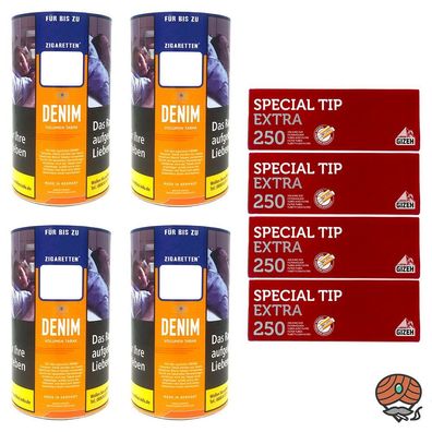 Denim Dose Stopftabak/Volumentabaktabak Dose 4x 90g + Gizeh Extra Hülsen