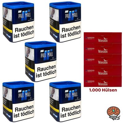 Pall Mall Blue/Blau Tabak L Dose 5x 43g + 1000 Winston Hülsen